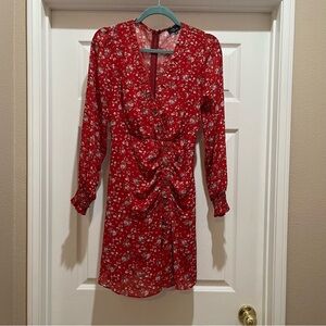 Milk & Honey Dress Red Floral Long Sleeves Back Zip Spring Summer Size Small